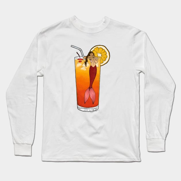 Tequila Sunrise Mermaid Cocktail Illustration Long Sleeve T-Shirt by Elizabeth Weglein Art